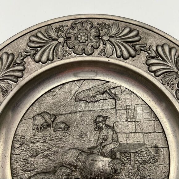 SKS Zinn 95% Pewter Decorative Round Wall Plate Decor Sheepherder West Germany - Picture 3 of 8